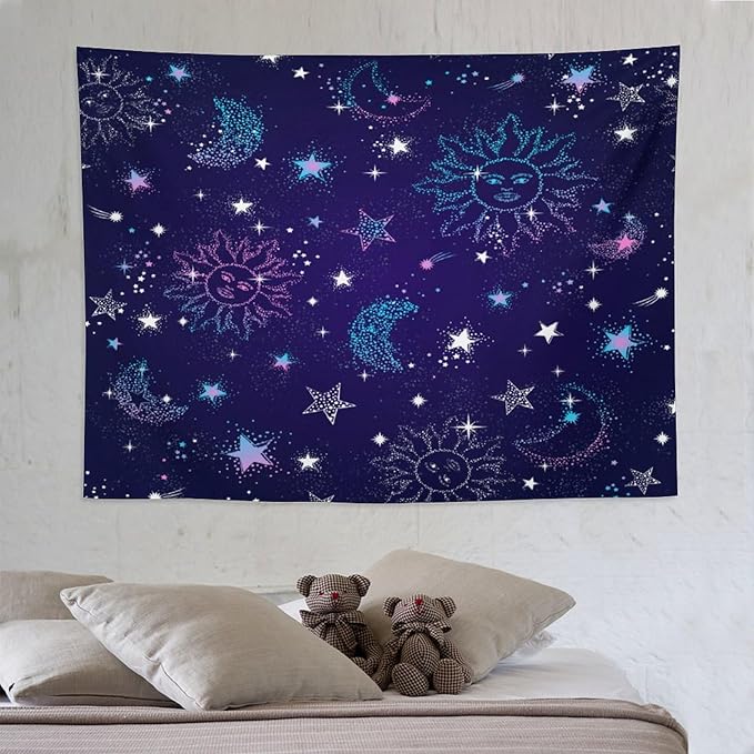 HZOHNAGO Boho Sun Moon Tapestry Purple Blue Sun Stars Galaxy Pattern Printed Wall Tapestry Wall Hanging for Bedroom Living Room Dorm 80" W x 60" H-Ruum Studio Home