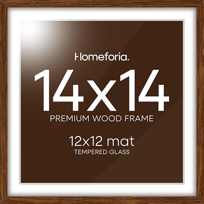 Homeforia 14x14 Picture Frame Brown, High End Dark Oak 14 x 14 Square Wood Frame with Mat 12 x 12 for Photo, 14by14 Wooden Walnut Poster Frame Matted to 12x12 Print, Tempered Glass, Wall Kit, Set of 1-Ruum Studio Home