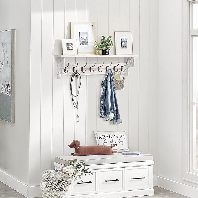 BECHAEO 35.8'' Wood Coat Rack Wall Mount with Shelf, White Wall Coat Rack with Hooks, Farmhouse Rustic Coat Hooks for Entryway Bathroom Hallway Kitchen Bedroom-Ruum Studio Home