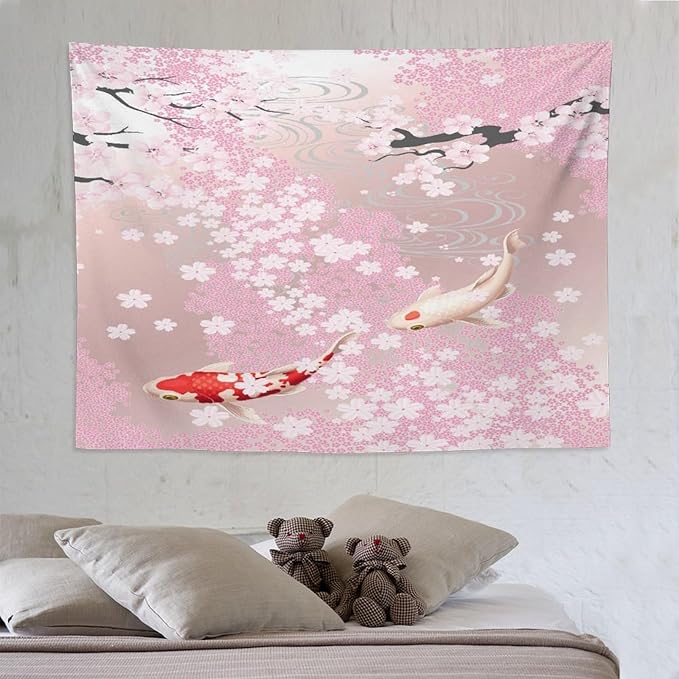 Houselerax Japanese Koi Fish Tapestry, Cherry Blossoms Asian Oriental Pink Flower Branch Koi Fish Carp Tapestries Wall Hanging for Bedroom Living Room Office Decor 80"x60"-Ruum Studio Home
