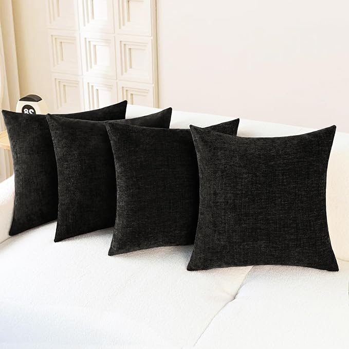 CaliTime Throw Pillow Covers Decorative 18 X 18 Inches Pack of 4 Cozy Chenille Cushion Cases for Couch Sofa Bed Living Room Home Black-Ruum Studio Home