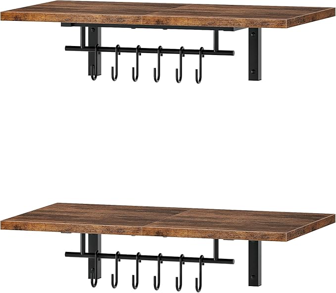 Wall-Mounted Pot Racks, Set of 2 Hanging Pot Rack, Floating Shelves, Wall Shelves, Vintage Pot Hangers for Kitchen, Wall Rack for Kitchen Storage, Rustic Brown and Black TPR26P2BF-Ruum Studio Home