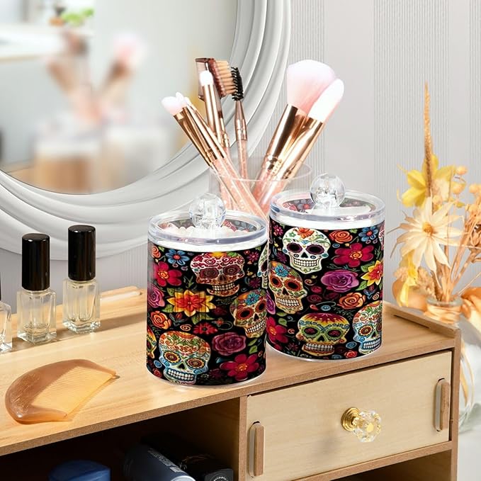 Colorful Skulls 2PC Airtight Transparent Plastic Storage Jar Food Storage Container Plastic for Food Herbs Tea etc with Storage Lid easy to use and clean With lid Easy To Use-Ruum Studio Home