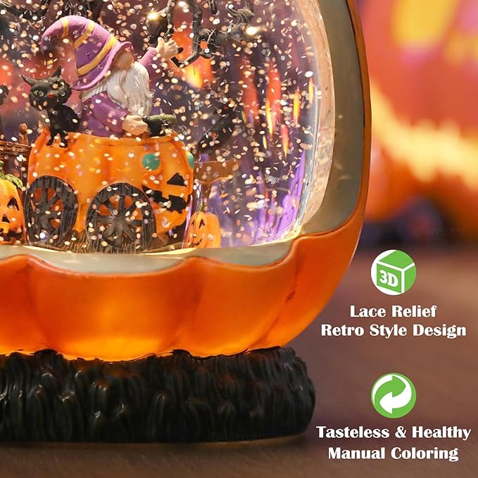 Halloween Snow Globe Pumpkin Halloween Decorations Indoor Gnome Black Cat Bat Swirling Glitter Timer-Ruum Studio Home