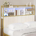 Headboard with 3-Tier Storage Shelves, Velvet Upholstered Head Board with 2 Outlets, USB Ports & LED Light, Soft Backrest for Queen Size Bed, White and Gold BH15203AV1-Ruum Studio Home