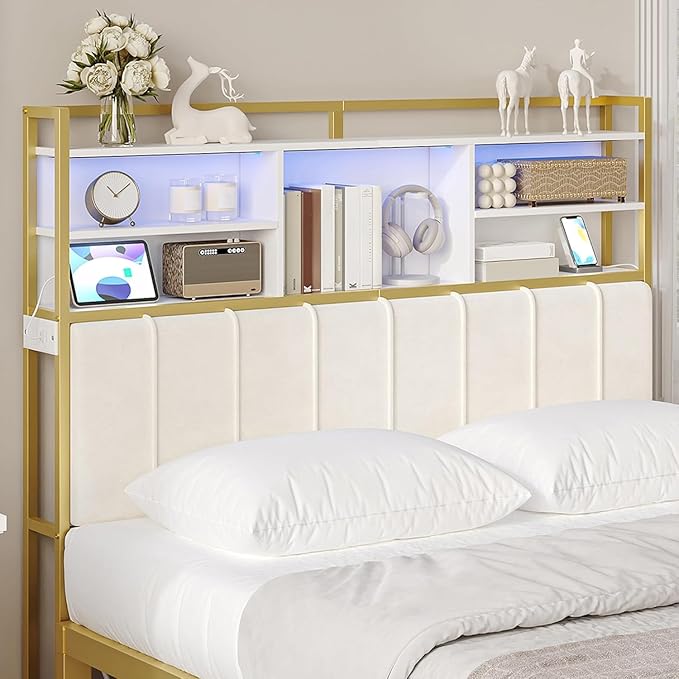 Headboard with 3-Tier Storage Shelves, Velvet Upholstered Head Board with 2 Outlets, USB Ports & LED Light, Soft Backrest for Queen Size Bed, White and Gold BH15203AV1-Ruum Studio Home