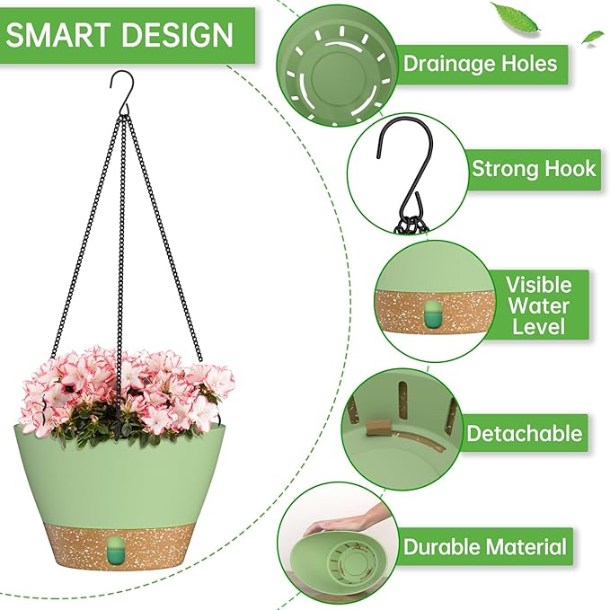 ZMTECH 2 Pack 10 Inch Hanging Planters for Outdoor Plants, Hanging Pots for Plants Indoor with Visible Water Level, Hanging Flower Basket with Drainage Holes & Removable Tray(Green)-Ruum Studio Home