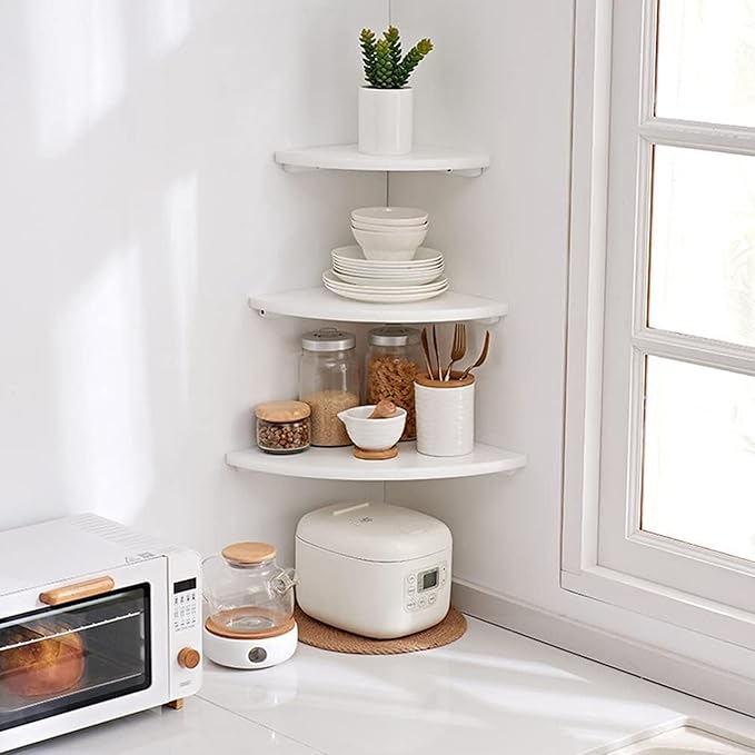 Corner Shelves, Floating Corner Shelf, Set of 2 White Solid Oak Wood Wall Shelves, Round End Wall Mount with Wire Hole Shelving for Small Plant for Bedroom Kitchen, Living Room 8.7"-Ruum Studio Home