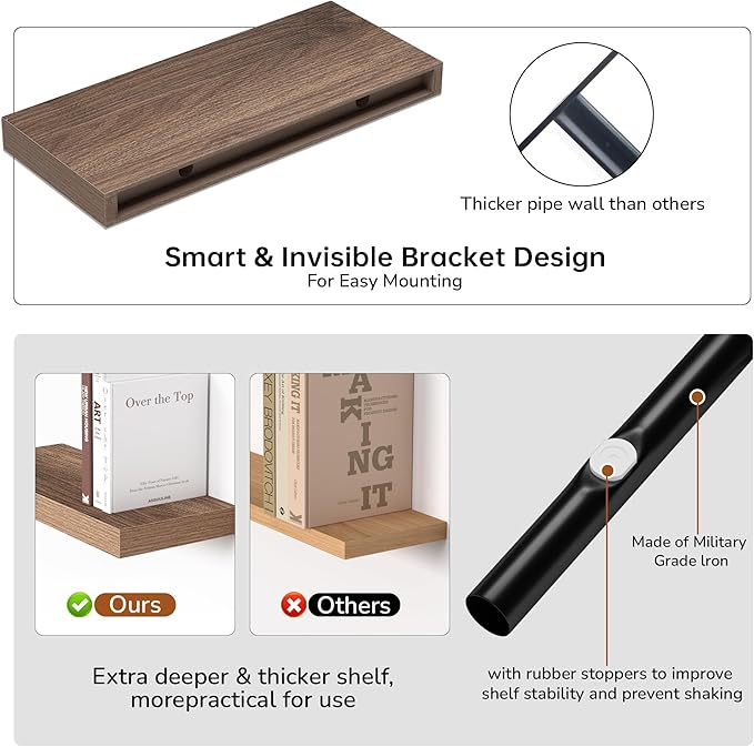 Fun Memories Floating Shelves - 16 Inch Wall Shelf for Decor & Storage - Wall Mounted Display Shelving with Invisible Heavy-Duty Metal Bracket 2Pack, Walnut-Ruum Studio Home