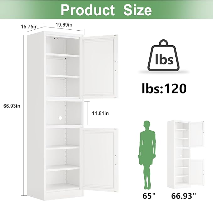 Tall Narrow Storage Cabinet 66.93" H Tall Bathroom Cabinet Metal Pantry Cabinets, 4 Adjustable Shelves for Kitchen, Home Office, Living Room, Dinning Room (20 inches Wide White)-Ruum Studio Home