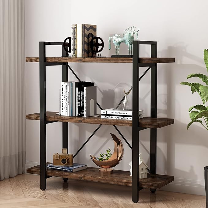 3 Tier Bookshelf Modern Rustic Open Bookshelf Office Solid Wood Bookcase and Book Shelves Wood and Metal Shelving Unit,Distressed Brown (AY-02-3Tier)-Ruum Studio Home