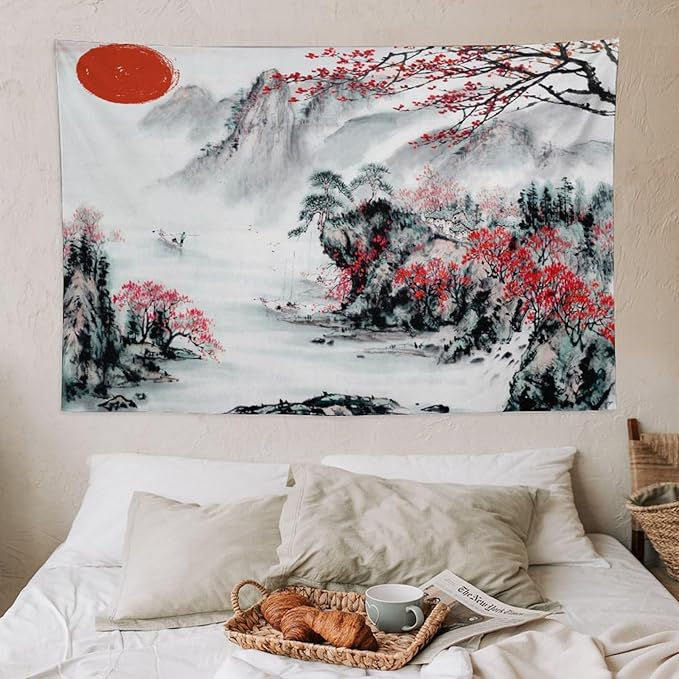 Cherry Blossoms Tapestry,Japanese Red Landscape Asian Watercolor Abstract Art Tapestry, Asian Japanese Wall Tapestry, Nature Landscape Tapestries for Bedroom Living Room Decor 60"x40"-Ruum Studio Home