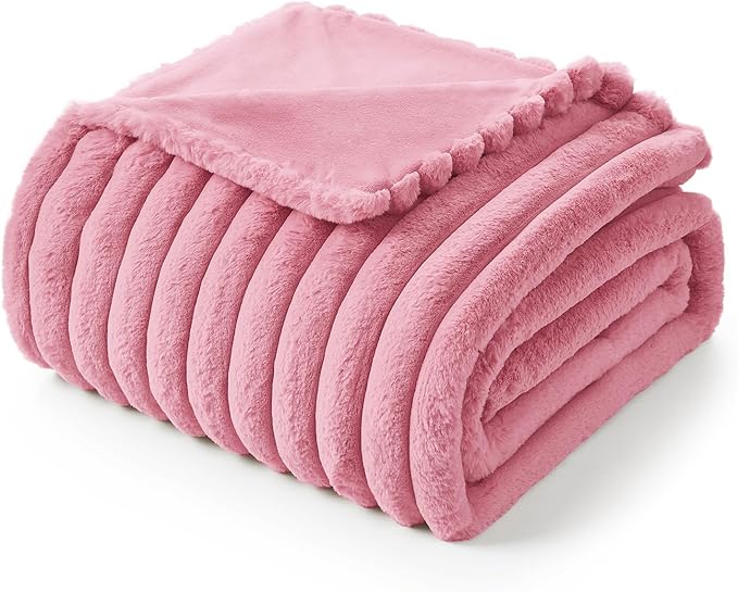 Amélie Home Faux Fur Throw Blanket for Couch, Cozy Fuzzy Fluffy Fur Luxurious Soft Striped Plush Gift Blankets for Family Sofa Chair Bed Living Room Bedroom, 55"x70", Pink-Ruum Studio Home