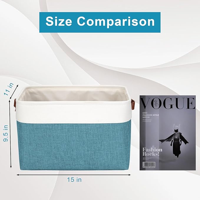 Storage Bins Large Fabric Storage Baskets for Shelves 3 Pack, Decorative Linen Closet Baskets with Handles for Organizing, Shelf, Clothes, Home, Office, 15x11x9.5Inches (Teal&White)-Ruum Studio Home