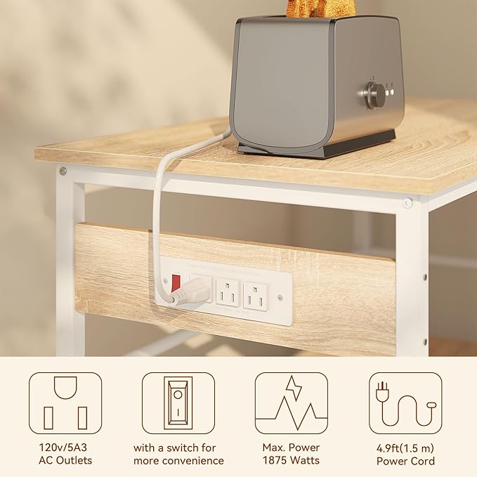 IBUYKE Kitchen Island with Storage, Bakers Rack with Power Outlet,Microwave Stand with Large Worktop,Rolling Bar Cart for Home, Outdoor, Kitchen,Light Wood TMJ029R-Ruum Studio Home
