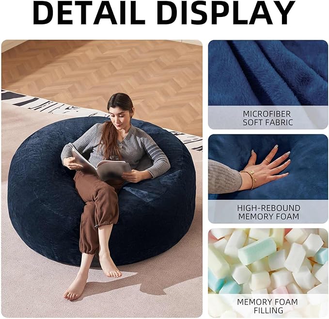 Bean Bag Chair 4Ft, Memory Foam Filled, Large Beanbag Chairs for Adults and Teens, Soft Sofa with Removable Flannel Cover, Round Couch for Living Room Bedroom College Dorm (Blue, 4FT-47×47"×24")-Ruum Studio Home