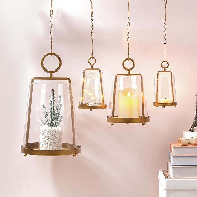 9" Wide Modern Farmhouse Metal Hurricane Candle Holder with Handmade Sturdy Glass Sleeve in Antique Brass for Pillar Candle & Plants, Hurricane Lantern, Industrial, Minimalistic (1, Brass, 9"x14")-Ruum Studio Home