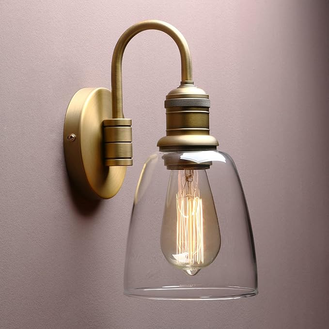 Yosoan 1-Light Brass Modern Vintage Indoor Wall Sconce, Vanity Single Luxury Hardwired Retro Textured Clear Oval Cone Glass Shade with Industrial Gooseneck Curved Rod Bathroom Lamp(Antique)-Ruum Studio Home