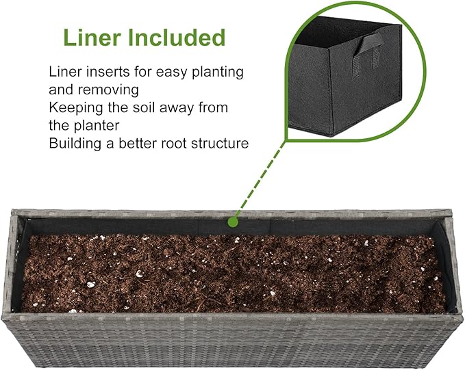 LEWIS&WAYNE Large Rectangular Block Planter Box Handmade Wicker Tall Planters for Outdoor Plants with Removable Liners Modern Planter for Indoor Outdoor Patio Deck - Gray, 36''x12''x16''-Ruum Studio Home