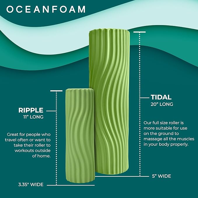 Oceanfoam Tidal Roller - Algae Green - Muscle Massage Foam Roller for Back Pain & Stretching - Firm and Ergonomic Wide Wave Textured - Yoga, Athletics, & Wellness - Full Size, 20" x 5"-Ruum Studio Home
