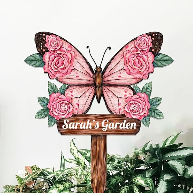 Personalized Butterfly Metal Sign with Stake,Custom Gardener Last Name Signs Outdoor Decorate,Customized Garden Accessories Decor for Mother's Day,Rose Flowers Plaques for Patio Lawn Porch Backyard-Ruum Studio Home