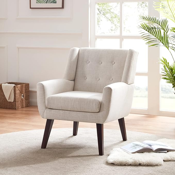 HUIMO Accent Chairs Set of 4, Upholstered Button Tufted Armchair, Linen Fabric Sofa Chairs for Bedroom, Living Room, Mid Century Modern Comfy Reading Chair (4, Beige)-Ruum Studio Home