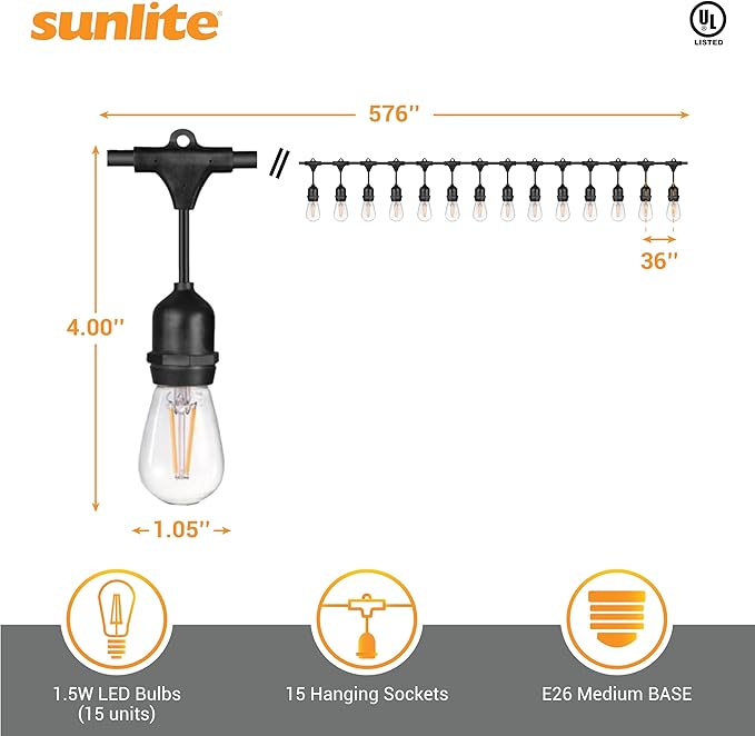 Sunlite 48ft Outdoor String Lights, 1.5W Commercial Grade, Waterproof, Linkable Strands, UL Listed, 15 Hanging Sockets, Shatterproof LED Edison Bulbs Included, 2700K Soft White-Ruum Studio Home
