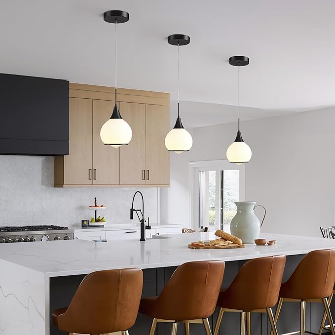 Pendant Light Fixtures Kitchen: Matte Black Farmhouse Island Light with Clear Glass - 6 Inch Mid Century Globe Kitchen Lighting Chandeliers Ceiling for Dining Room-Ruum Studio Home