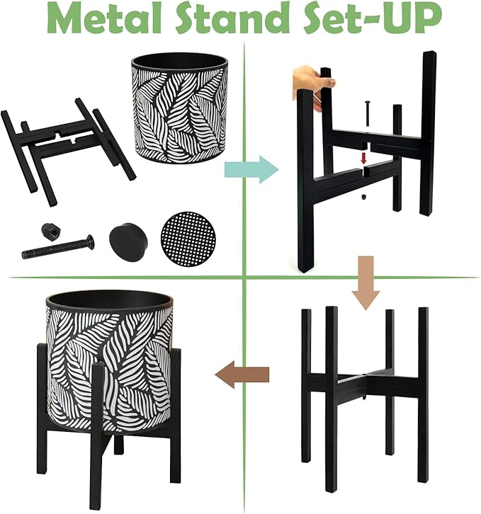 10 & 12 Inches Plant Pot with Stand Set of 2, Decorative Palm Leaves Printing Planter with Holder, Garden Pot for Snake Plant, Monstera, Houseplants - Indoor Outdoor Flower Pots with Drainage Holes-Ruum Studio Home