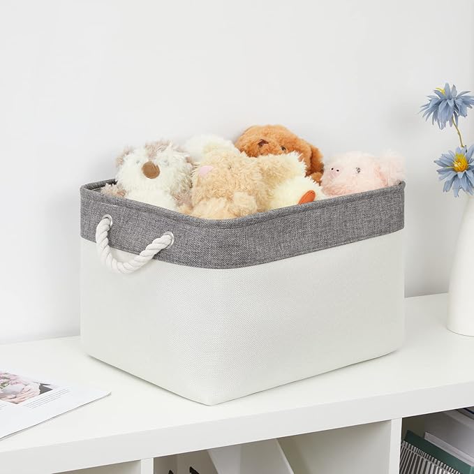 Bidtakay White Baskets with Cotton Rope Handles Decorative Storage Bins [3-pack] Fabric Bins for Organization Linen Closet Shelf Storage Baskets for Clothes Toys Towels 15 X 11 X 9.5 Inches-Ruum Studio Home