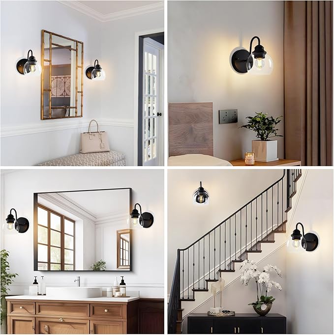 Farmhouse Gooseneck Wall Sconces Set of Two, Bathroom Vintage Black Vanity Light, Rustic Indoor Wall Light Fixtures with Clear Glass for Bathroom Beside Mirror Living Room Hallway-Ruum Studio Home