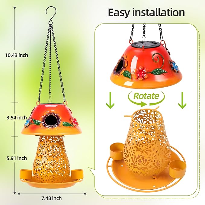 Mushroom Solar Bird Feeders for Outdoors Hanging Metal Wild Bird Feeder Garden Lantern with S Hook for Garden Decoration Orange-Ruum Studio Home