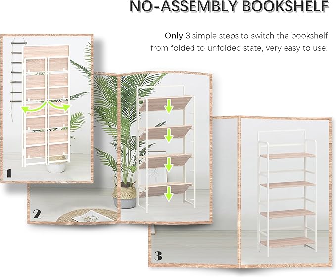 4NM No Assembly Foldable Bookshelf, 4-Shelf Collapsible Bookcase Storage for Small Spaces, 54" H, Natural White-Ruum Studio Home