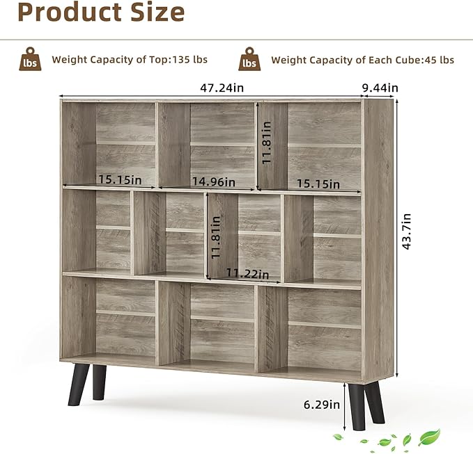 LEYAOYAO 10 Cube Bookshelf,3 Tier Modern Wide Bookcase with Legs,Mid-Century Wood Bookshelves Storage，Retro Grey Large Book Case,Freestanding Organizer Display Shelf for Bedroom,Living Room,Office-Ruum Studio Home