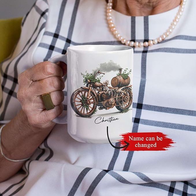 Customized Steampunk Motorcycle Mug With Vintage Design, Personalized Choose Name Coffee Cup 11oz Or 15oz, Custom Steampunk Mug, Unique Steam Engine White Ceramic Mug, Gift For Dad-Ruum Studio Home