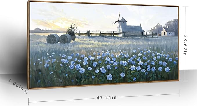 amatop Large Framed Country Landscape Wall Art – Blue Floral Canvas Art Print Vintage Rustic Farmhouse Picture Sunset Nature Artwork Wall Decor for Bedroom Dining Room Office Entryway 48x24 Inch-Ruum Studio Home