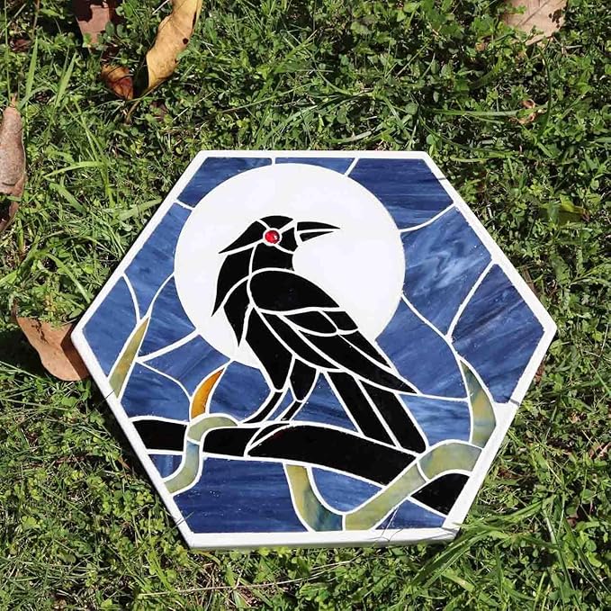 Bieye MSS004 Tiffany Style Stained Glass Mosaic Decorative Stepping Stone for Garden Decor (Raven, 13" Hexagonal)-Ruum Studio Home