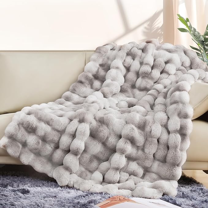 Touchat Luxury 1000GSM Faux Rabbit Fur Throw Blanket, Super Heavy Warm Cozy Grey Blankets for Couch Bed Sofa, Ruched Plush Fuzzy Elegant Soft Reversible Mink Blanket for Living Room Bedroom-Ruum Studio Home