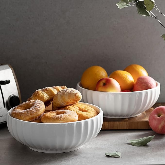 DOWAN 9.8'' Serving Bowls, 86 oz White Serving Platters, Large Ceramic Serving Dishes, Fruit Bowl, Set of 2, for Entertaining, Party, Kitchen, Dinner, Banquet, Housewarming Gift, Soft White-Ruum Studio Home