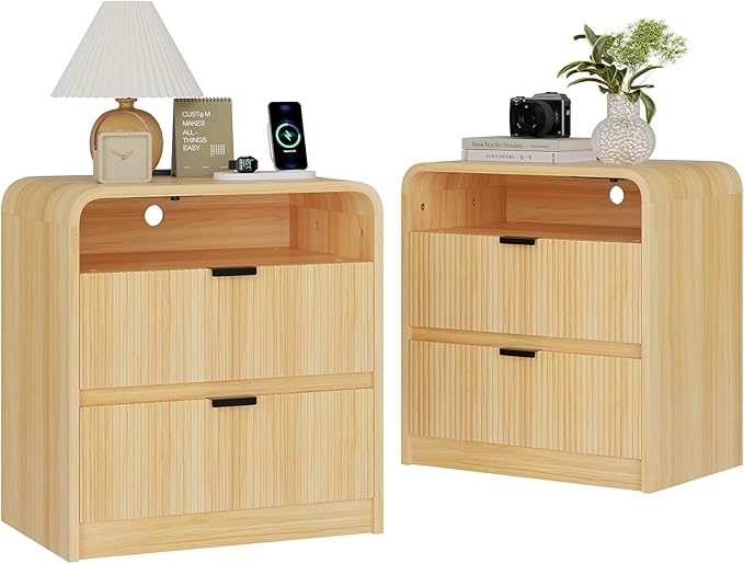 FURSUN 24" Fluted Nightstand Set of 2 with Charging Station, Wooden End Table with 2 Drawers Storage, Curved Profile Design, Modern Bedside Cabinet for Bedroom Living Room, Natural Oak-Ruum Studio Home