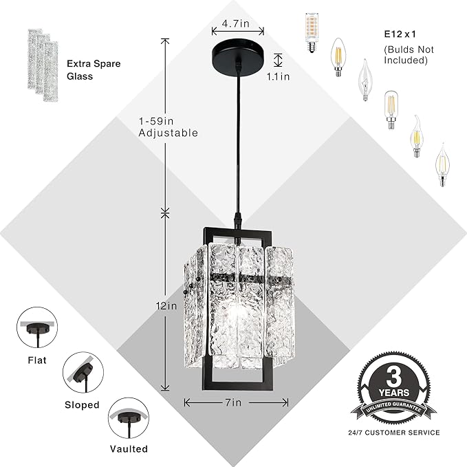 IKK Black Crystal Pendant Light for Kitchen Island, Luxury Water Ripple Glass Chandelier Lights Fixture, Modern Elegant Adjustable Pendant Lighting for Dining Room Bedroom, E12 Bulb, L6.5'' x H11.8''-Ruum Studio Home