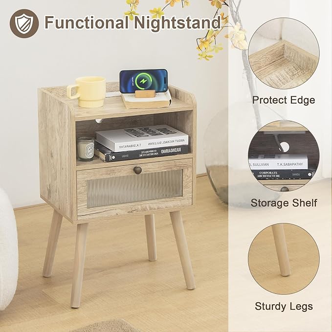 AWASEN Nightstand with Charging Station, Modern Bedside Table with Glass Decorative Drawer, Charging Night Stand Side Tables for Bedroom and Small Space, Rustic White Oak-Ruum Studio Home