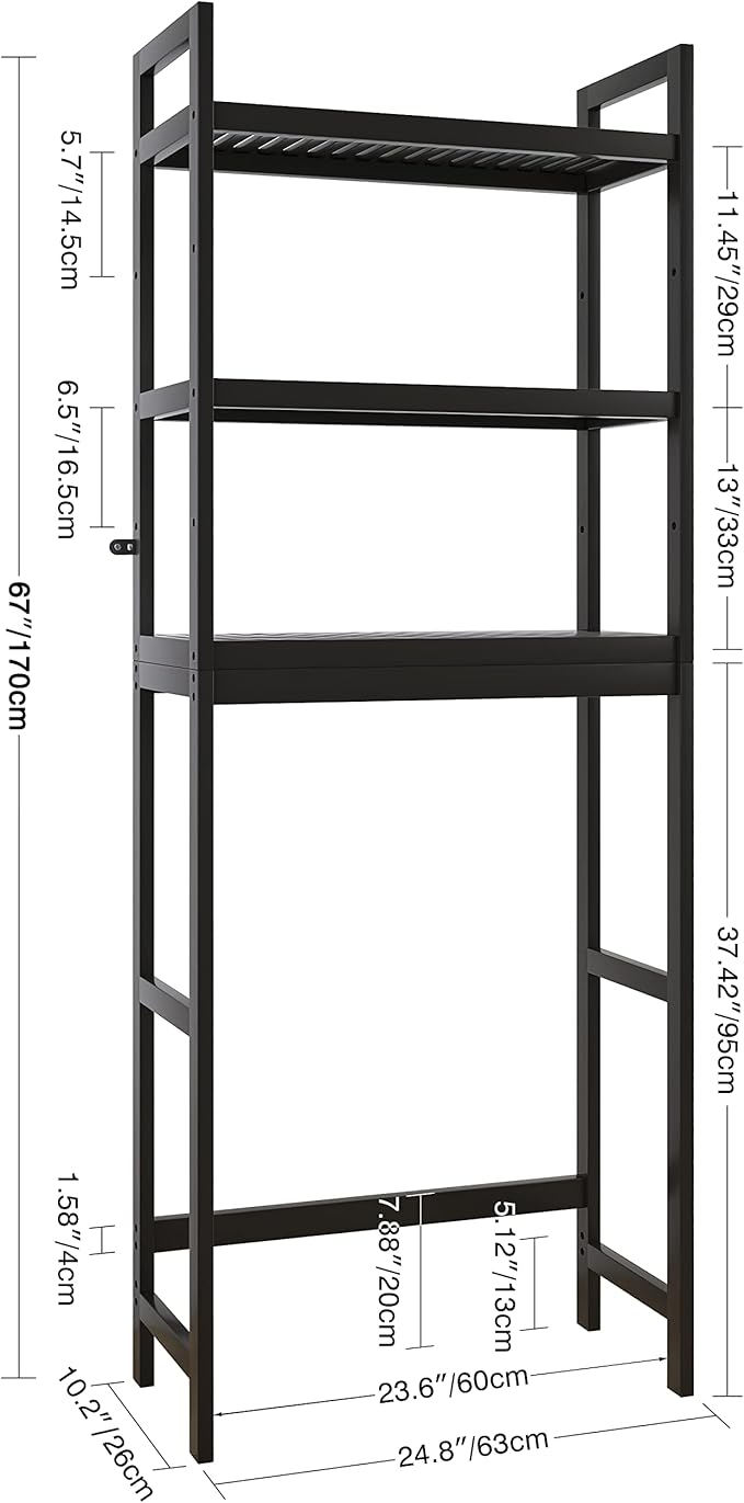 SMIBUY Bathroom Storage Shelf, Bamboo Over-The-Toilet Organizer Rack, Freestanding Toilet Space Saver with 3-Tier Adjustable Shelves (Black)-Ruum Studio Home