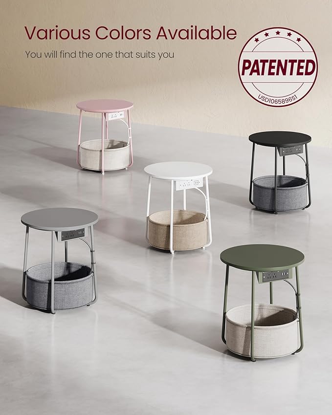 VASAGLE Side Table with Charging Station, Round End Table with Fabric Basket, Nightstand with Power Outlets, USB Ports, for Living Room, Bedroom, Modern, Matte White and Camel Brown ULET228W01-Ruum Studio Home