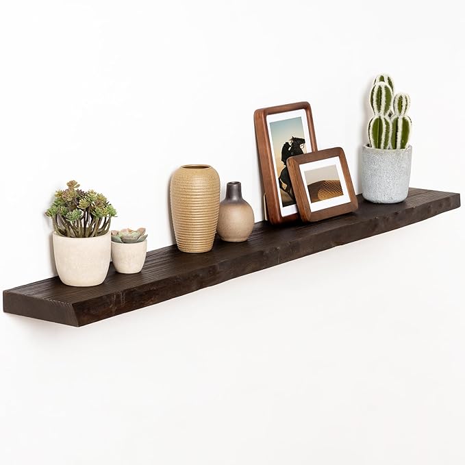 Fun Memories 48" Floating Shelves for Wall, Live Edge Solid Elm Wood Floating Shelf with Invisible Bracket, Wall Mounted Display Wooden Shelves for Bathroom, Kitchen, Bedroom, Walnut Color, Set of 1-Ruum Studio Home