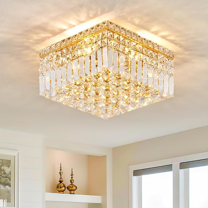4-Light Gold Crystal Chandeliers Flush Mount Chandelier Light Fixture with K9 Crystals Modern Ceiling Lights Elegant Square Lamp for Bedroom,Hallway,Bar,Living Room,Dining Room,H5.9 xW13.7-Ruum Studio Home
