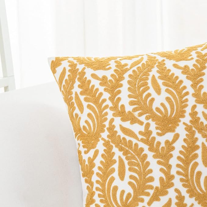 HWY 50 Mustard Yellow Decorative Throw Pillow Covers 18x18 Inch, Pack of 2 Embroidered Cotton Farmhouse Cushion Cover Pillow Case for Sofa Couch Living Room Bed Bedroon, Accent Branches-Ruum Studio Home