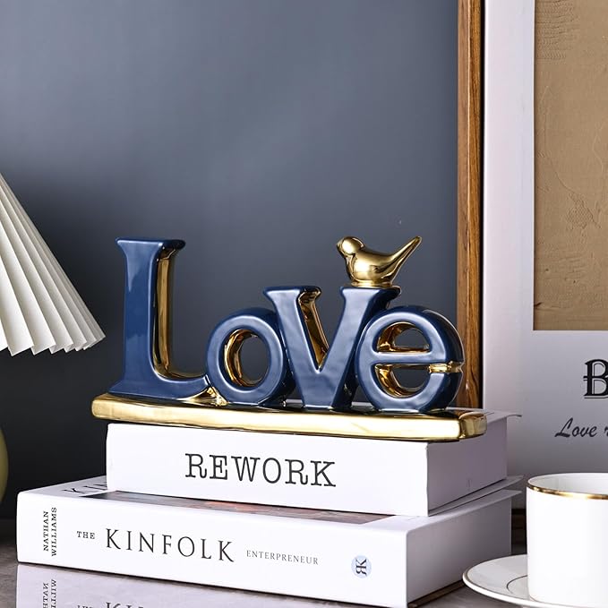 Love Sign Decoration,Blue and Gold Love Signs for Home Decor Statue,Modern Bird Sculpture Personalized Love Decor,Gold Style Figurine Decorative Ornaments for Living Room,Bedroom,Desktop,Cabinets-Ruum Studio Home