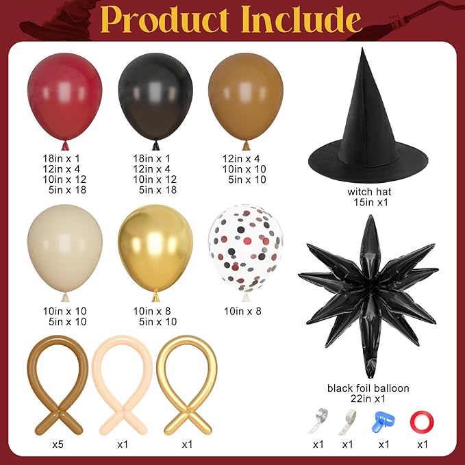 Amandir Magical School Balloons Arch Garland Kit, Maroon Burgundy Black Gold Confetti Balloons with Witch Hat Foil Star Balloon for Magic Themed Birthday Decorations Baby Shower Party Supplies-Ruum Studio Home