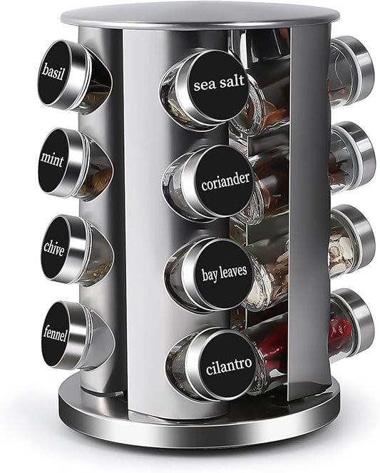 DOUBLE 2 C Revolving Countertop Spice Rack Stainless Steel Seasoning Storage Organization,Spice Carousel Tower for Kitchen Set of 16 Jars (16Jars)-Ruum Studio Home